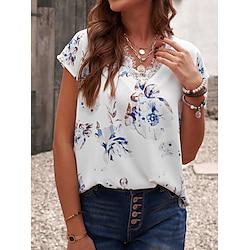 Women's Shirt Blouse Floral Vacation Going out Lace Print White Short Sleeve Casual V Neck Summer Lightinthebox