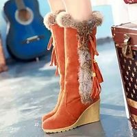 Women's Boots Daily Snow Boots Plus Size Knee High Boots Winter Bowknot Tassel Pom-pom Wedge Heel Round Toe Vintage Sweet Suede Loafer Solid Colored Black Orange Brown Lightinthebox - thumbnail