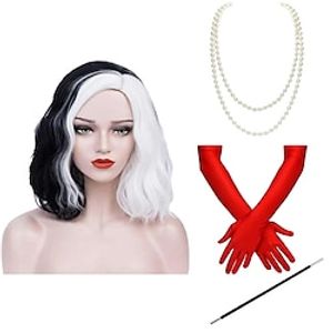 Cruella Deville Wig Black and White Wigs for Cruella Deville Costume Women Cruella Wig with Gloves Short Curly Wavy Hair Wig Lightinthebox