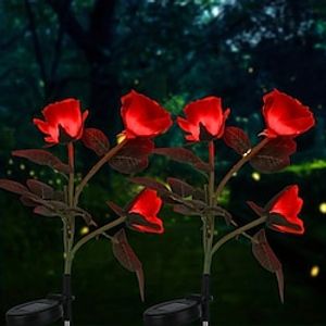 Pack Solar Garden Rose Lights, Realistic LED Rose Flower Cemetery Decorations Stake Lights For Garden, Courtyard, Yard And Grave Decorative, Waterproof (Red, With 3 Lighted Flower Heads) Lightinthebox