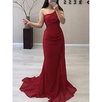 A-Line Evening Gown Elegant Dress Formal Sweep  Brush Train Christmas Red Green Dress Sleeveless One Shoulder Stretch Chiffon with Pleats Ruched 2023 Lightinthebox - thumbnail