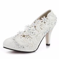 8cm Lace Flower Bead White Bridal Kitten Heel Wedding Shoes