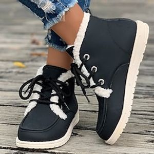 Women's Boots Snow Boots Plus Size Daily Fleece Lined Booties Ankle Boots Flat Heel Round Toe Plush Casual Comfort Faux Leather Lace-up Solid Color Black Brown Lightinthebox
