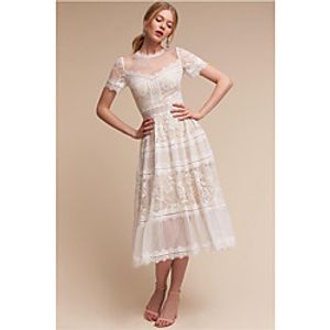 A-Line Vintage Boho Holiday Cocktail Party Dress Illusion Neck Short Sleeve Tea Length Lace with Pleats Overskirt 2021 Lightinthebox