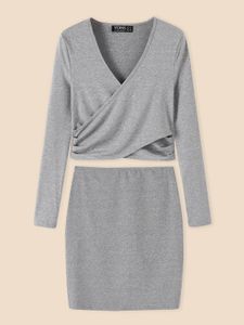 YOINS BASICS Light-grey V-neck Cross Front Hollow Sexy Suit