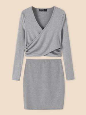 YOINS BASICS Light-grey V-neck Cross Front Hollow Sexy Suit