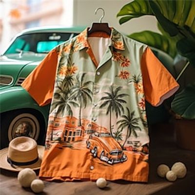 Palm Tree Casual Men's Shirt Outdoor Street Casual Daily Summer Cuban Collar Short Sleeve Yellow Red Orange S M L Shirt Lightinthebox