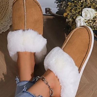Women's Slippers House Slippers Plush Slippers Home Flat Heel Round Toe Comfort Suede Loafer Solid Color Dark Brown Lightinthebox