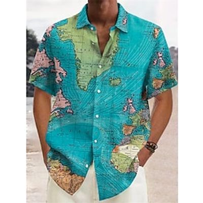 Men's Shirt Map Graphic Prints Vintage Turndown Yellow Blue Light Blue Gray Outdoor Street Short Sleeves Print Clothing Apparel Fashion Streetwear Designer Soft miniinthebox