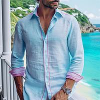 Men's Shirt Linen Shirt Guayabera Shirt Button Up Shirt Summer Shirt Beach Shirt White Blue Green Long Sleeve Plain Collar Spring Summer Casual Daily Clothing Apparel Lightinthebox