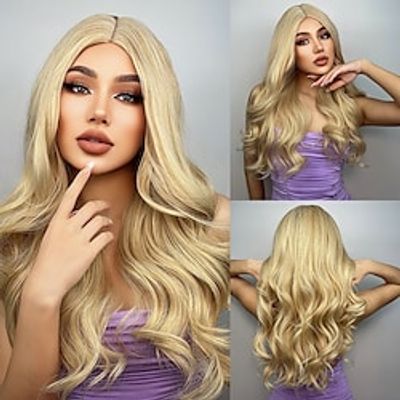 HAIRCUBE Light Golden Natural Wavy Synthetic Wigs Long Brown Gold Wave Hair Middle Part Cosplay Heat Resistent Lightinthebox