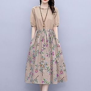 Women's A Line Dress Knee Length Dress Green Pink Khaki Short Sleeve Floral Pocket Print Spring Summer Crew Neck Work Elegant 2022 M L XL XXL 3XL Lightinthebox