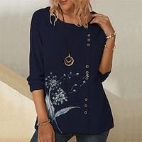 Women's T shirt Tee Dandelion Holiday Weekend Floral Painting T shirt Tee Long Sleeve Button Print Round Neck Basic Blue Khaki Navy Blue S / 3D Print miniinthebox - thumbnail