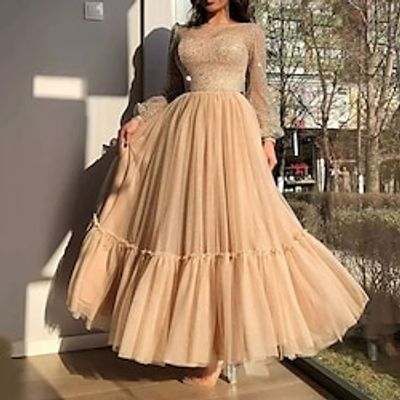 A-Line Evening Gown Elegant Dress Wedding Guest Prom Floor Length Long Sleeve Jewel Neck Tulle with Glitter Pearls Sequin 2023 Lightinthebox A-Line Evening Gown Elegant Dress Wedding Guest Prom Floor Length Long Sleeve Jewel Neck Tulle with Glitter Pearls Sequin 2023 Lightinthebox