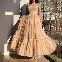 A-Line Evening Gown Elegant Dress Wedding Guest Prom Floor Length Long Sleeve Jewel Neck Tulle with Glitter Pearls Sequin 2023 Lightinthebox - thumbnail