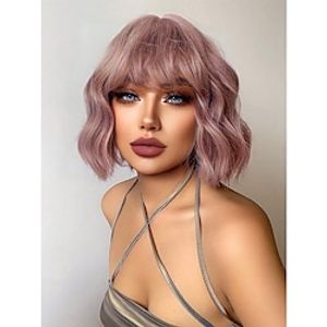 Synthetic heat-resistant curly wig with bangs, pink color, 12 inches long, fully machine-woven, suitable for daily use, natural and realistic medium-length curly wig miniinthebox