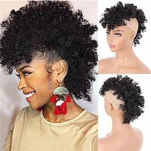 Kinky Curly Mohawk Wig Clip in Hairpieces for Black Women Deep Curl Hawks Wigs with Faux Bangs Oseti Mix Dark Brown Afro Faux Hawk Drawstring Ponytail with Bangs for African American Wigs miniinthebox