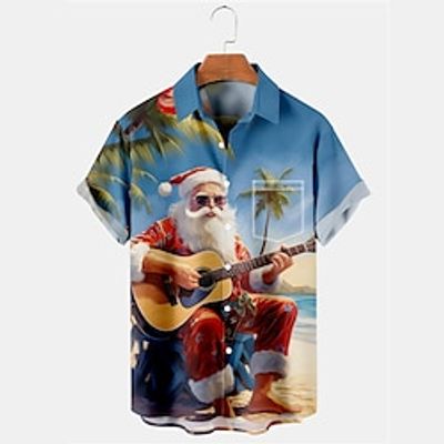 Santa Claus Hawaiian Casual Men's Shirt Daily Wear Going out Weekend Autumn  Fall Turndown Short Sleeves Burgundy, Blue S, M, L 4-Way Stretch Fabric Shirt Christmas Lightinthebox