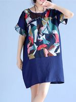 Vintage Women Patchwork Short Sleeve Loose Dresses