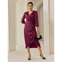 Satin Burgundy Ruched Wrap Party Midi Dress