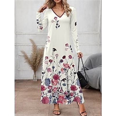 Women's Casual Dress Shift Dress Floral Print V Neck Long Dress Maxi Dress Elegant Valentine's Day Date Long Sleeve Loose Fit White Blue Green Spring S M L XL 2XL Lightinthebox