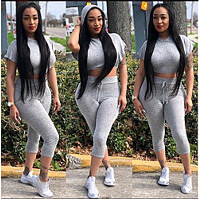 Women's 2 Piece Cropped Tracksuit Athletic Athleisure 2pcs Short Sleeve Thermal Warm Moisture Wicking Breathable Fitness Gym Workout Running Jogging Exercise Sportswear Skinny Solid Colored Normal Lightinthebox