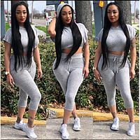 Women's 2 Piece Cropped Tracksuit Athletic Athleisure 2pcs Short Sleeve Thermal Warm Moisture Wicking Breathable Fitness Gym Workout Running Jogging Exercise Sportswear Skinny Solid Colored Normal Lightinthebox - thumbnail