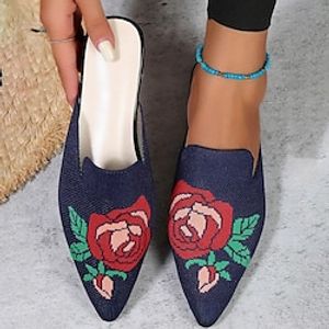 Women's Flats Slippers Mules Comfort Shoes Daily Embroidered Flowers Embroidery Flat Heel Pointed Toe Casual Comfort Minimalism Elastic Fabric Cloth Loafer Black Blue miniinthebox