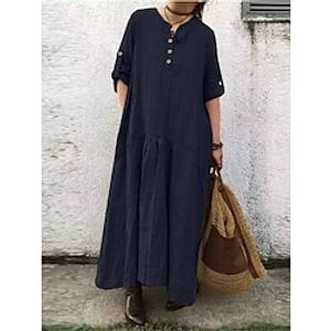 Women's Cotton Linen Dress Casual Dress Shift Dress Maxi long Dress Cotton And Linen Basic Casual Outdoor Daily V Neck Button Pocket Long Sleeve Summer Spring Fall 2023 Loose Fit ArmyGreen Navy Blue Lightinthebox