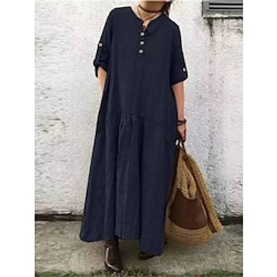 Women's Cotton Linen Dress Casual Dress Shift Dress Maxi long Dress Cotton And Linen Basic Casual Outdoor Daily V Neck Button Pocket Long Sleeve Summer Spring Fall 2023 Loose Fit ArmyGreen Navy Blue Lightinthebox
