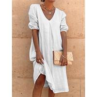 Women's Casual Dress Cotton Linen Dress Midi Dress Linen Cotton Blend Ruched Basic Modern Daily Weekend V Neck 3/4 Length Sleeve Summer Spring Black White Yellow Plain Lightinthebox