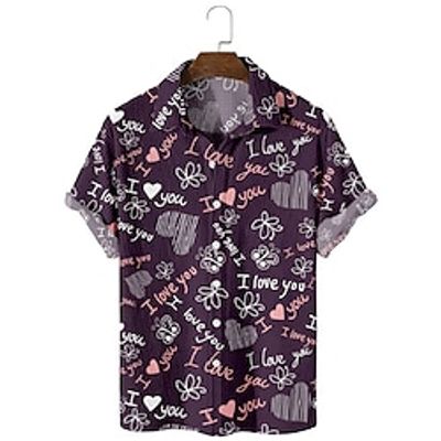 Heart LOVE Casual Men's Shirt Button Up Shirt Casual Shirt Daily Wear Date Vacation Spring  Summer Lapel Short Sleeves Purple S, M, L Polyester Shirt Valentine's Day Lightinthebox