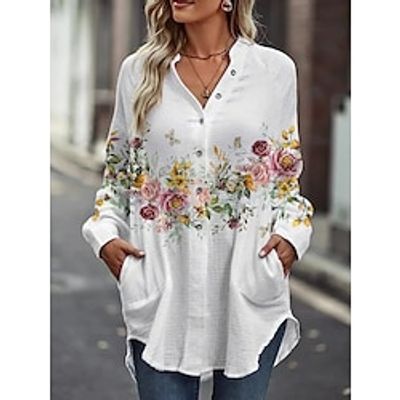 Women's Shirt Blouse Floral White Print Button Pocket Long Sleeve Casual Holiday Fashion V Neck Regular Fit Spring Fall Lightinthebox Women's Shirt Blouse Floral White Print Button Pocket Long Sleeve Casual Holiday Fashion V Neck Regular Fit Spring Fall Lightinthebox