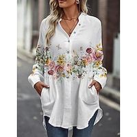 Women's Shirt Blouse Floral White Print Button Pocket Long Sleeve Casual Holiday Fashion V Neck Regular Fit Spring   Fall Lightinthebox - thumbnail