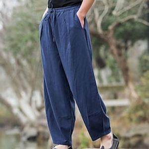 Men's Linen Pants Trousers Bloomers Baggy Casual Pants Pocket Elastic Waist Solid Colored Breathable Casual Daily Linen Streetwear Ethnic Style Black Red Inelastic Lightinthebox