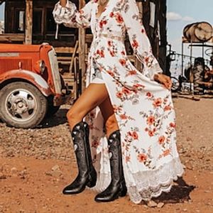 Women's Boots Cowboy Boots Plus Size Outdoor Work Daily Knee High Boots Rivet Embroidery Block Heel Chunky Heel Pointed Toe Square Toe Vintage Fashion Elegant PU Zipper Color Block Dark Brown Black Lightinthebox
