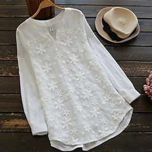 Women's Shirt Blouse White Pink Blue Floral Embroidered Long Sleeve Daily Vacation Elegant Casual V Neck Regular L miniinthebox