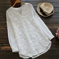 Women's Shirt Blouse White Pink Blue Floral Embroidered Long Sleeve Daily Vacation Elegant Casual V Neck Regular L miniinthebox - thumbnail