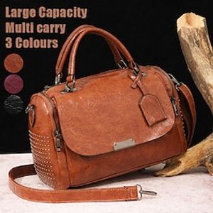 Women's Handbag Crossbody Bag Shoulder Bag Boston Bag PU Leather Daily Holiday Rivet Zipper Large Capacity Waterproof Durable Solid Color PG671 reddish brown PG671 wine red PG671 black miniinthebox