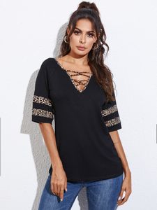 YOINS Black Criss-cross Patchwork V-neck Short Sleeves Tee