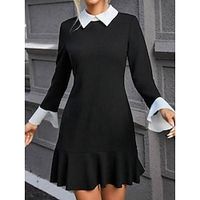 Women's Black Dress Casual Dress Winter Dress Mini Dress Patchwork Street Holiday Cocktail Party Streetwear Flared Shirt Collar Long Sleeve Regular Fit Black Color S M L XL 2XL Size Lightinthebox - thumbnail