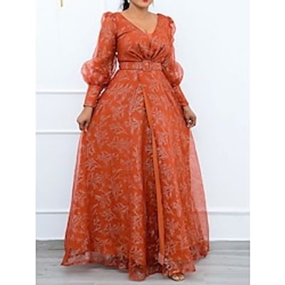Women's Plus Size Party Dress Wedding Guest Dress Sheath Dress Long Dress Maxi Dress Black Orange Long Sleeve Floral Print Spring Fall Winter V Neck Fashion Winter Dress Wedding Guest Evening Party Lightinthebox