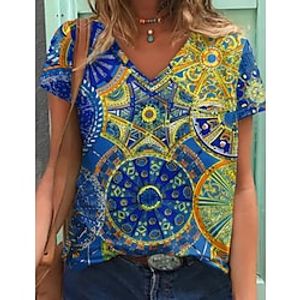 Women's Geometric Painting T shirt Geometric Print V Neck Basic Tops Green Blue Purple  3D Print Lightinthebox