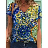 Women's Geometric Painting T shirt Geometric Print V Neck Basic Tops Green Blue Purple  3D Print Lightinthebox - thumbnail