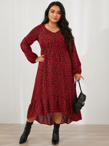 YOINS Plus Size V-neck Leopard Elastic Strap Long Sleeves Maxi Dress