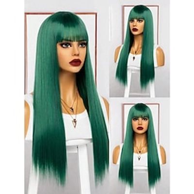 Straight Green 26 Inch Long Synthetic Wig With Bangs For Women Christmas Party Wigs miniinthebox