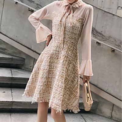 A-Line Flirty Elegant Cocktail Party Prom Dress Shirt Collar Long Sleeve Short / Mini Jersey with Pleats Ruffles 2021 miniinthebox