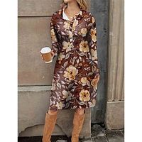 Women's Shirt Dress Casual Dress Floral Print Button Shirt Collar Midi Dress Streetwear Street Holiday Long Sleeve Loose Fit Fuchsia Brown Spring S M L XL 2XL Lightinthebox - thumbnail