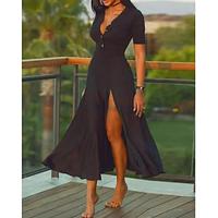 Women's Black Dress Long Dress Maxi Dress Draped Elegant Casual V Neck Short Sleeve Black Color Lightinthebox