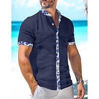 Men's Shirt Linen Shirt Summer Shirt Beach Shirt Summer Hawaiian Shirt White Blue Sky Blue Short Sleeve Solid Color Fold-over Collar Spring Summer Street Daily Clothing Apparel Patchwork Lightinthebox